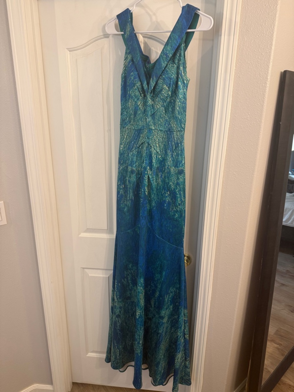 Rene Ruiz Blue-Green Off-Shoulder Evening Gown